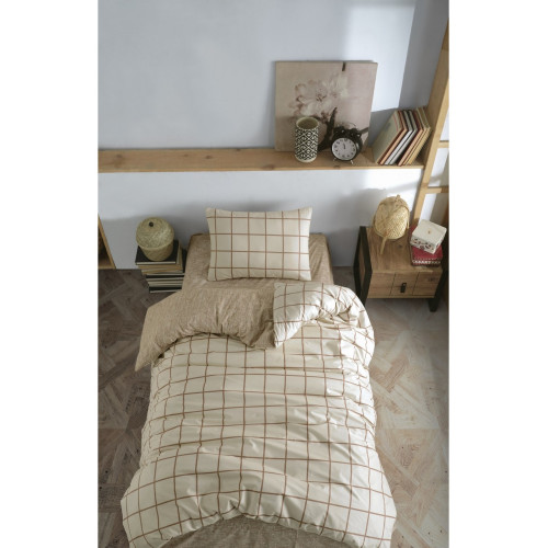 Casa Carina Kare Krem Rengi Ranforce Lastikli Çarşaflı Tek Kişilik Nevresim Takımı