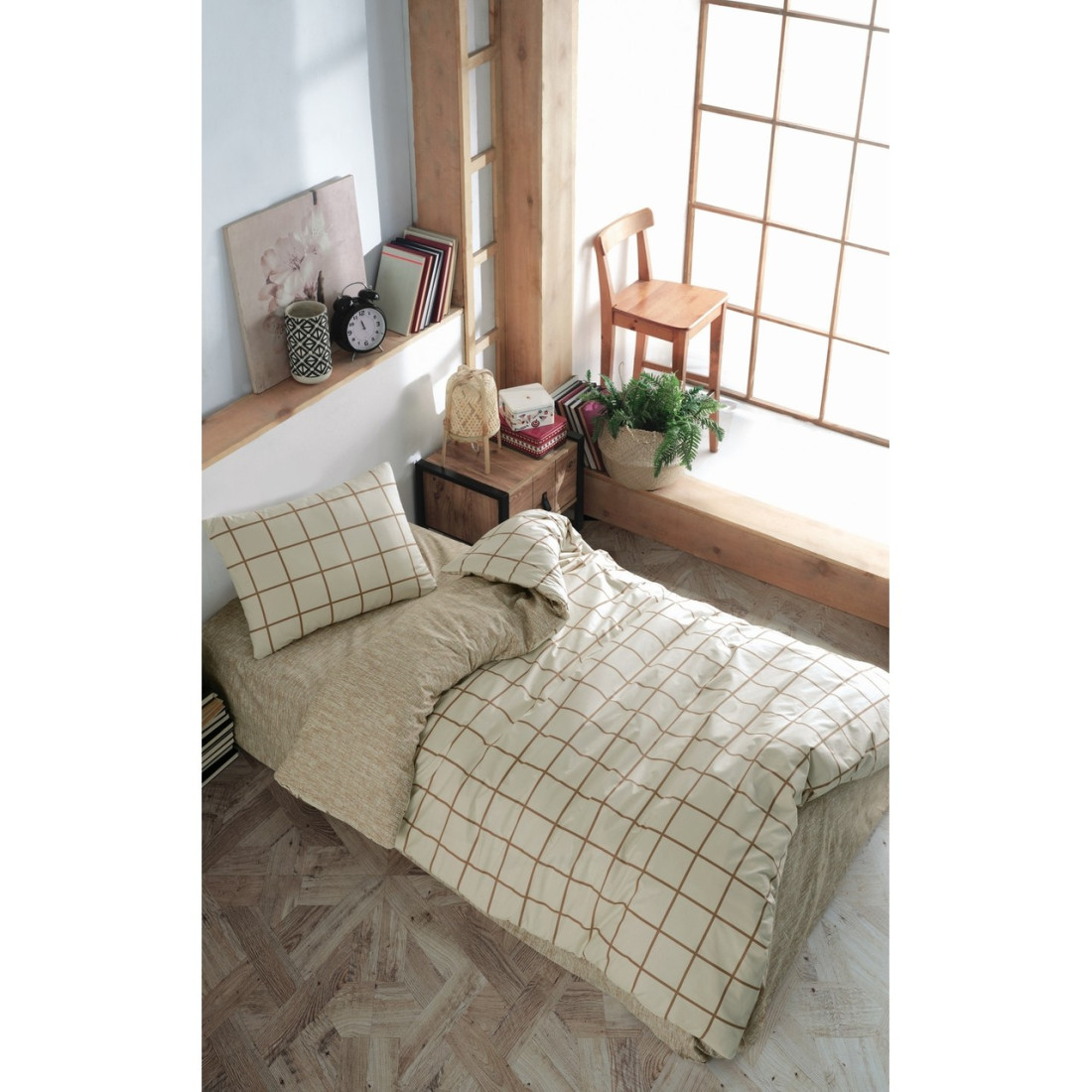 Casa Carina Kare Krem Rengi Ranforce Lastikli Çarşaflı Tek Kişilik Nevresim Takımı