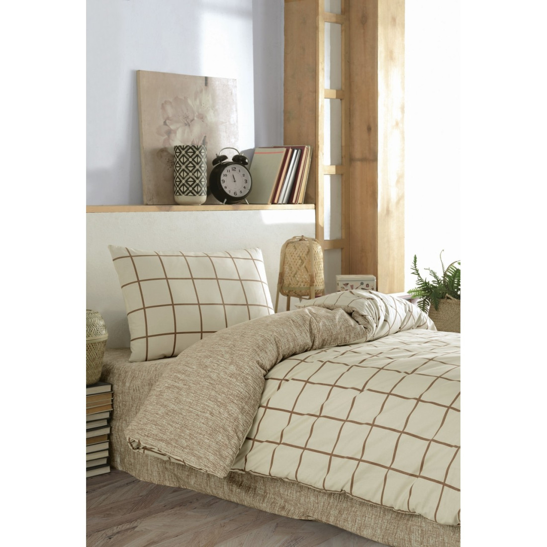 Casa Carina Kare Krem Rengi Ranforce Lastikli Çarşaflı Tek Kişilik Nevresim Takımı