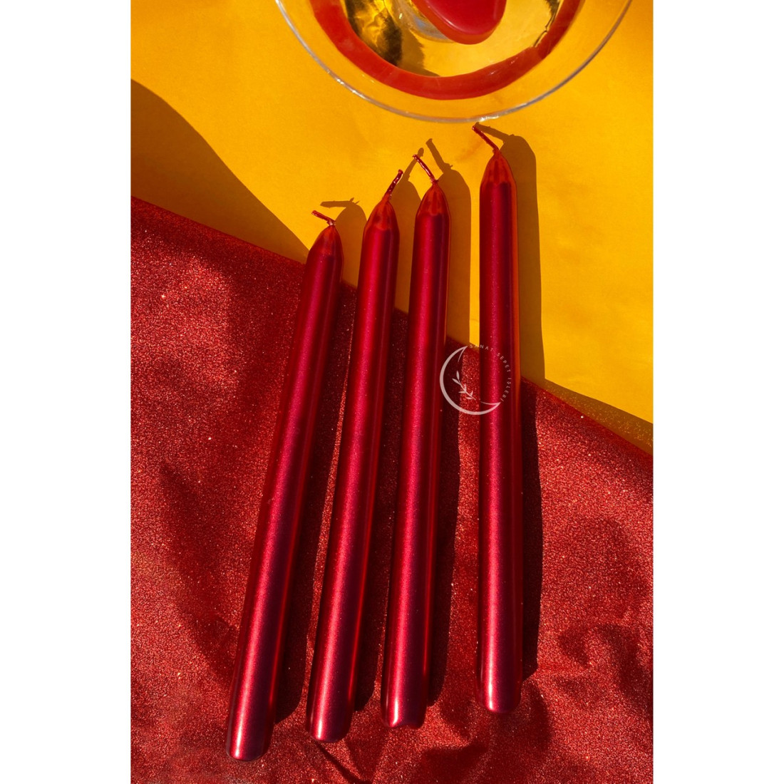 SANAT SEPET İŞLERİ Premium Seri Kokulu Kırmızı Rengi Sedefli Konik Şamdan Mum - 4'lü Set