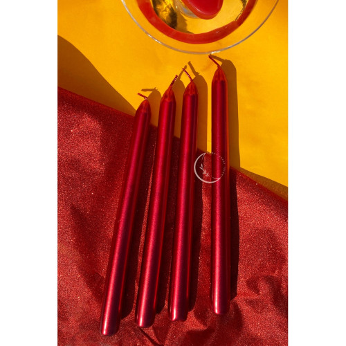 SANAT SEPET İŞLERİ Premium Seri Kokulu Kırmızı Rengi Sedefli Konik Şamdan Mum - 4'lü Set