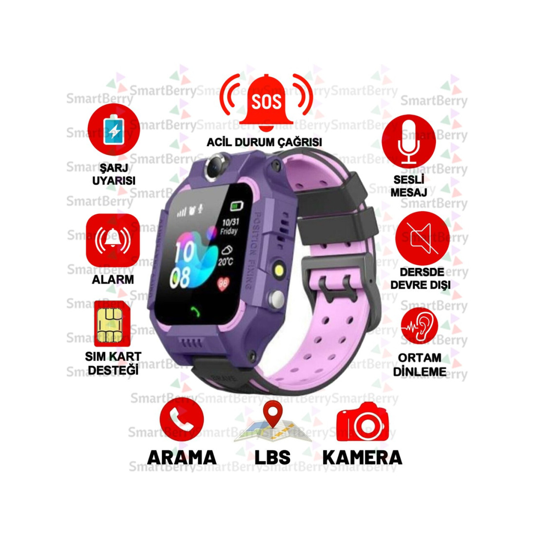 Smartberry Z2 Lbs Konumlu Akıllı Çocuk Takip Saati Sim Kartlı Arama, Kameralı, Gizli Dinleme Özellikli- Mor