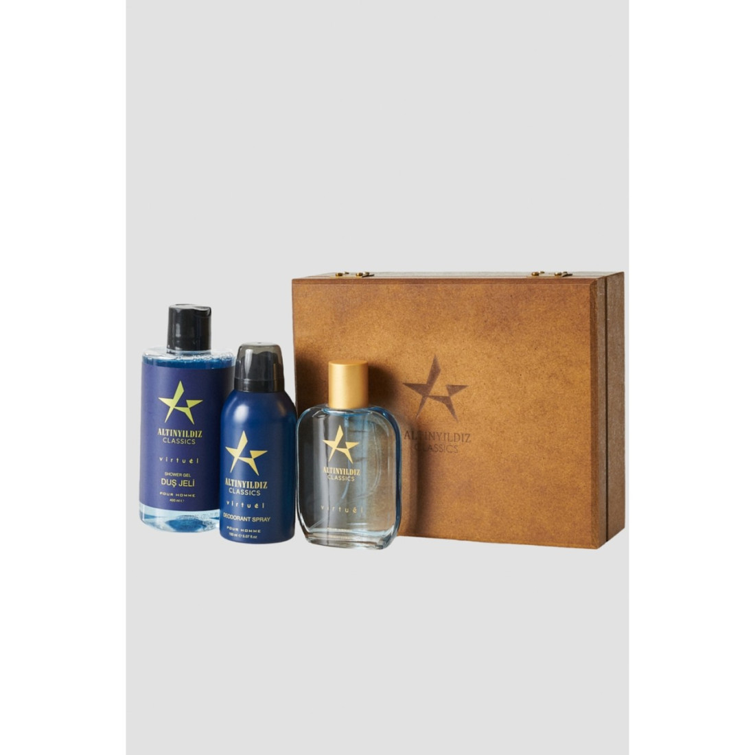 Altınyıldız Classics Erkek AC Virtuel 100 Ml EDP Parfüm-Deodorant 150 Ml Duş Jeli 400 Ml Ahşap Kutulu Set