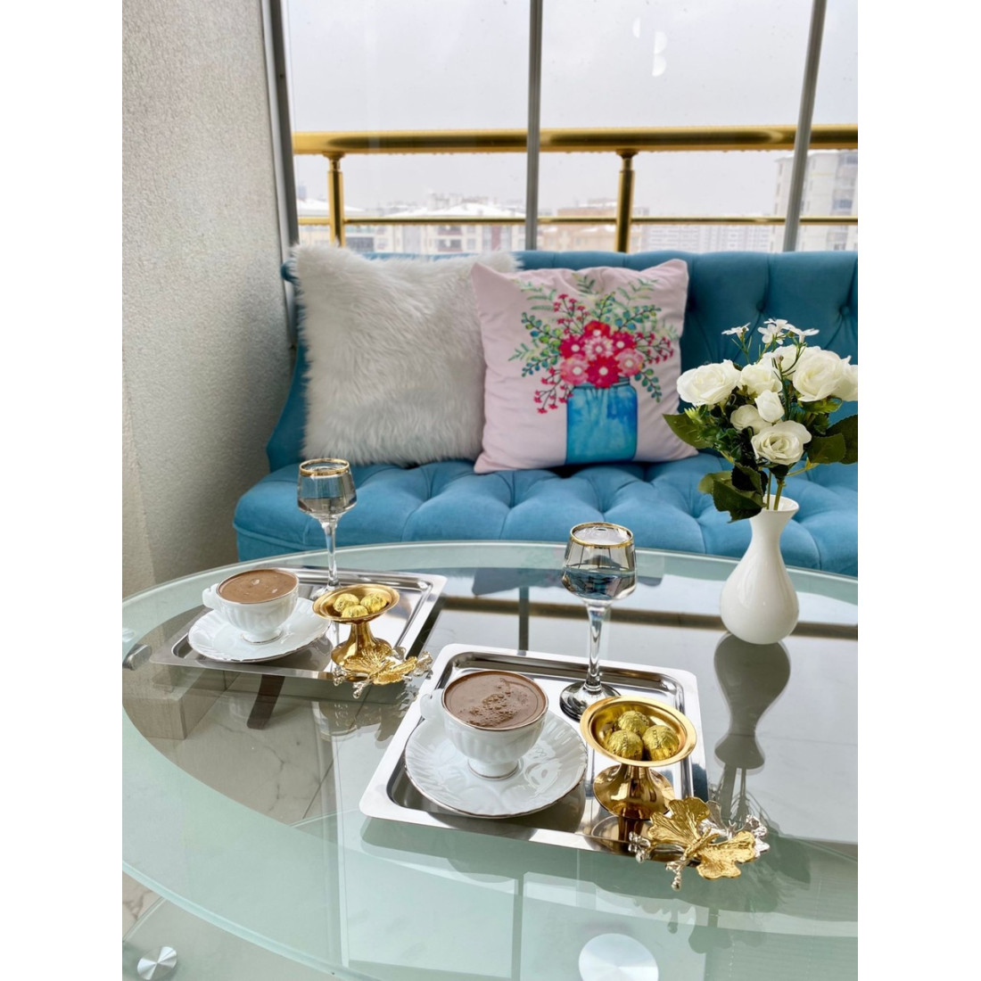 Aslı Hediyelik 6'lı Lüx Kelebek Aksesuarlı Paslanmaz Çelik Kare Gümüş Kahve, Çay, Dekoratif Sunum Servis Tepsisi