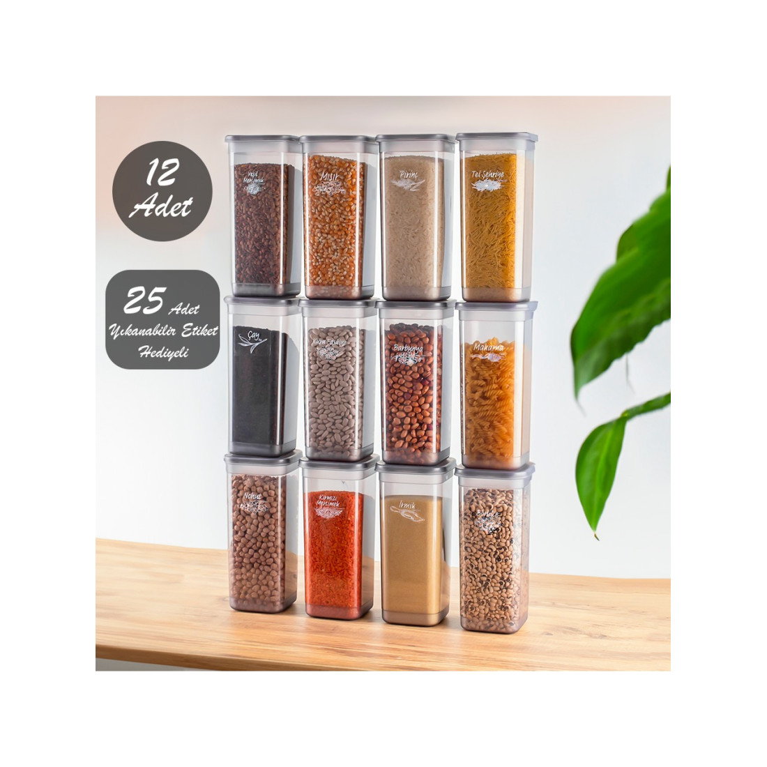 Porsima Org-432 Etiketli 12li Jumbo Boy - Bakliyat Saklama Kabı - Erzak Saklama Kabı Seti Şeffaf 1900 ml