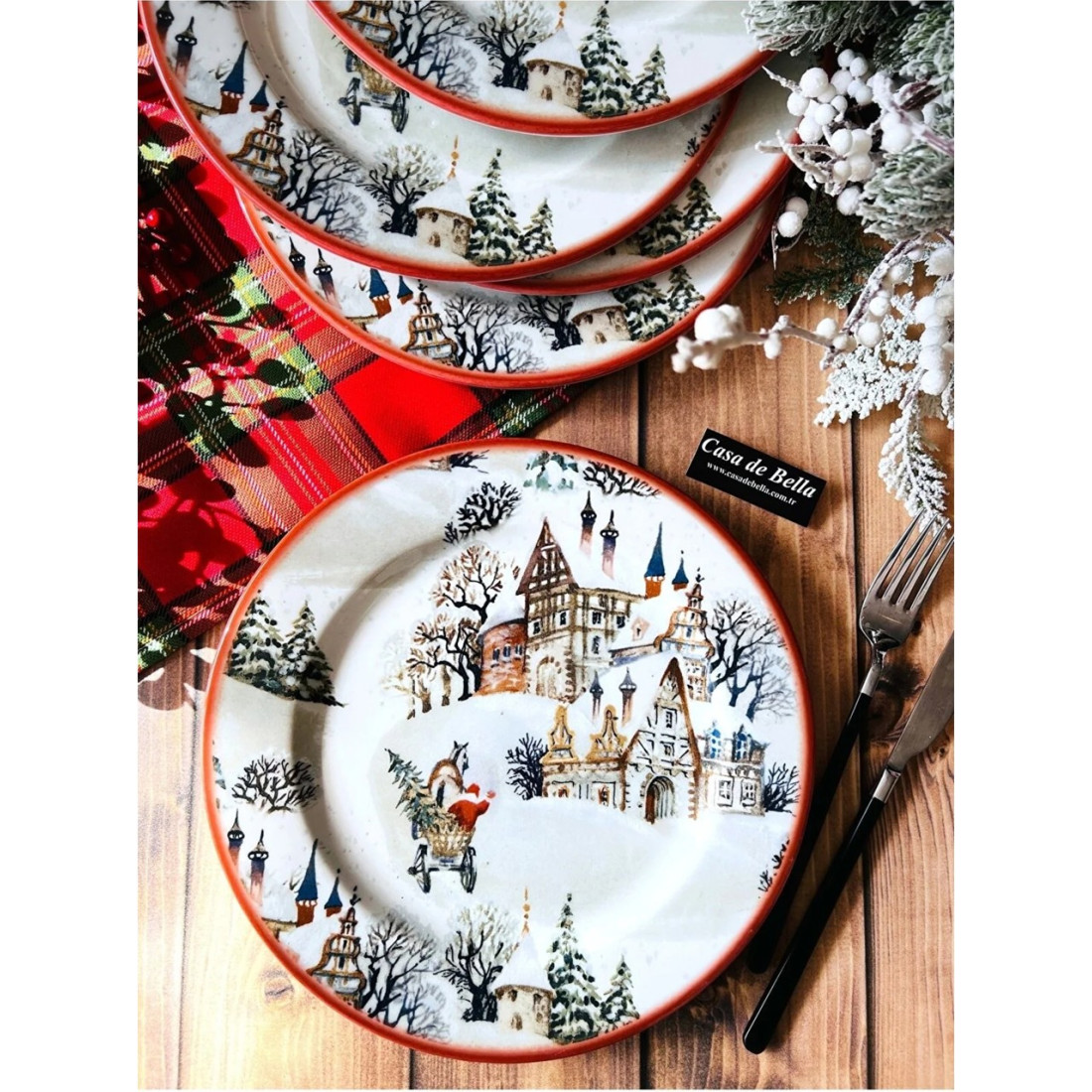 Casa De Bella Yılbaşı Desenli 6 Kişilik Porselen Pasta Tabağı