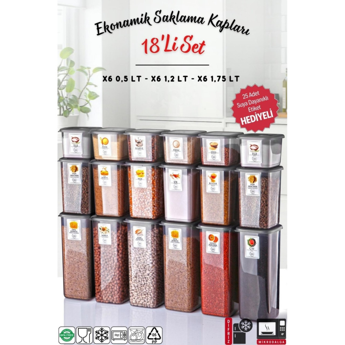 Nandy Home Etiketli 18'li Antrasit Ekonomik Kırılmaz Saklama Kabı Seti x6 - 1,75/1,2/0,5 Lt