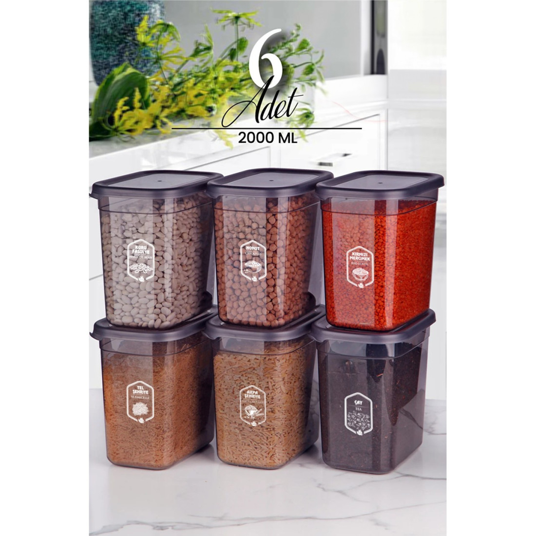 Kitchen Life 6'lı Etiketli Moly Dikdörtgen Erzak Saklama Kabı Seti 2000ml -çoklu Yapılabilen Set Kapaklı 2 Litre