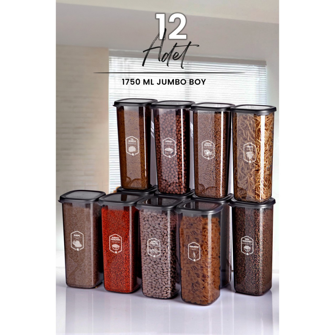 Kitchen Life 12'li Jumbo Boy Etiketli Square Kare Erzak Saklama Kabı Seti 1750 ml - Sert Kapak