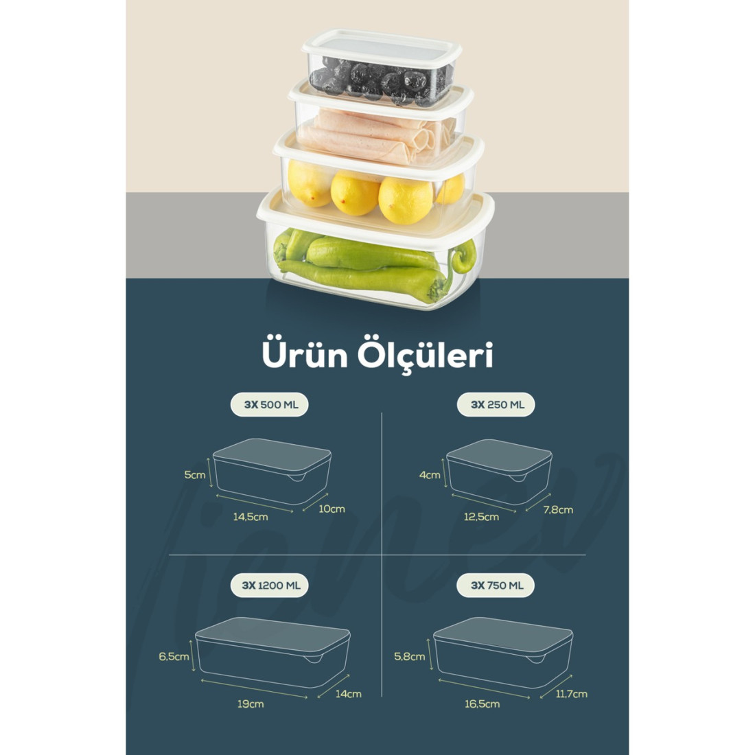 Vienev 12LI Hava Geçirmez Saklama Kabı Seti Gri 3X(250-500-750-1200 Ml)