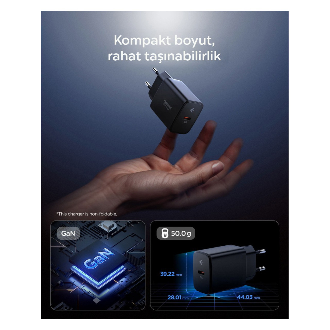 Spigen 20W USB-C Mini Hızlı Şarj Aleti / Şarj Isısını Düşürür GaN Pro Akım Korumalı Güç Adaptörü iPhone & Android & iPad Type-C EE201 Siyah - ACH09217 (Spigen TR Garantili)