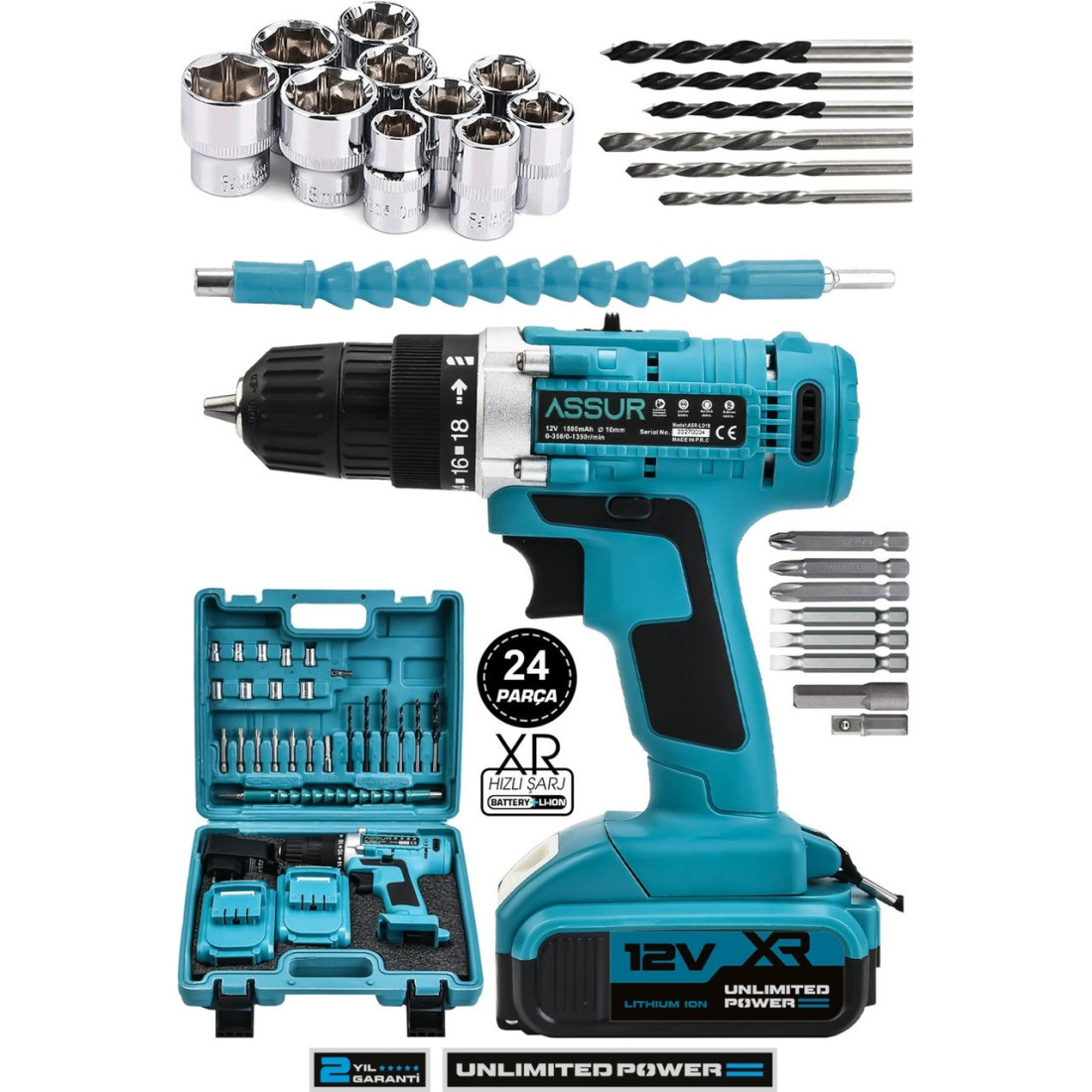 Assur 12V Çift Akülü Vidalama Çelik Şanzıman Bakır Sargılı Şarjlı Matkap
