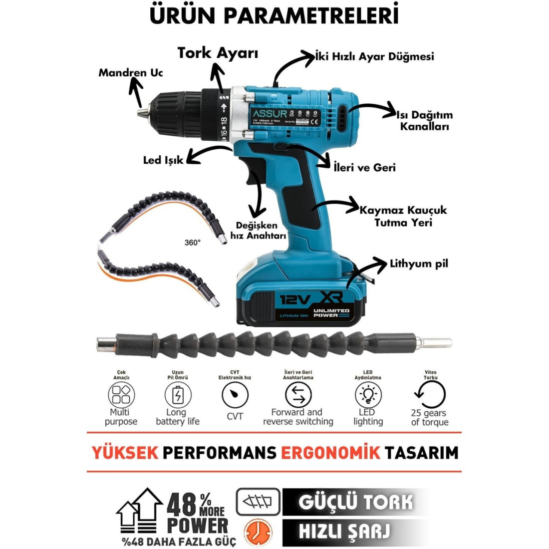 Assur 12V Çift Akülü Vidalama Çelik Şanzıman Bakır Sargılı Şarjlı Matkap