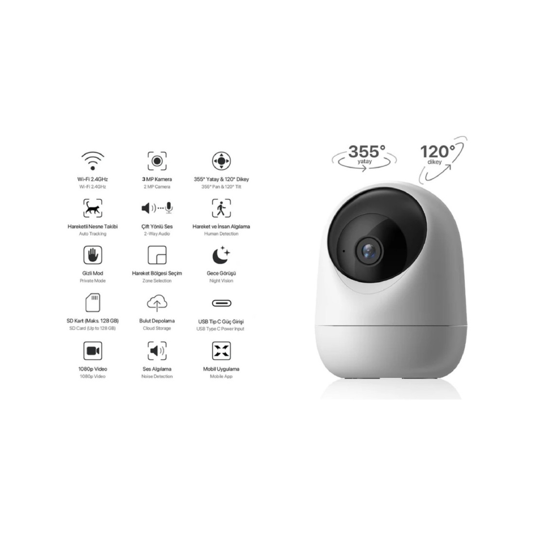 Xenon Smart Ev Kamerası | 2K 3MP, WiFi, Mobil Kontrol, Sesli, 360° Ptz, Hareket Takip, İç Mekan Kamera (X7205)