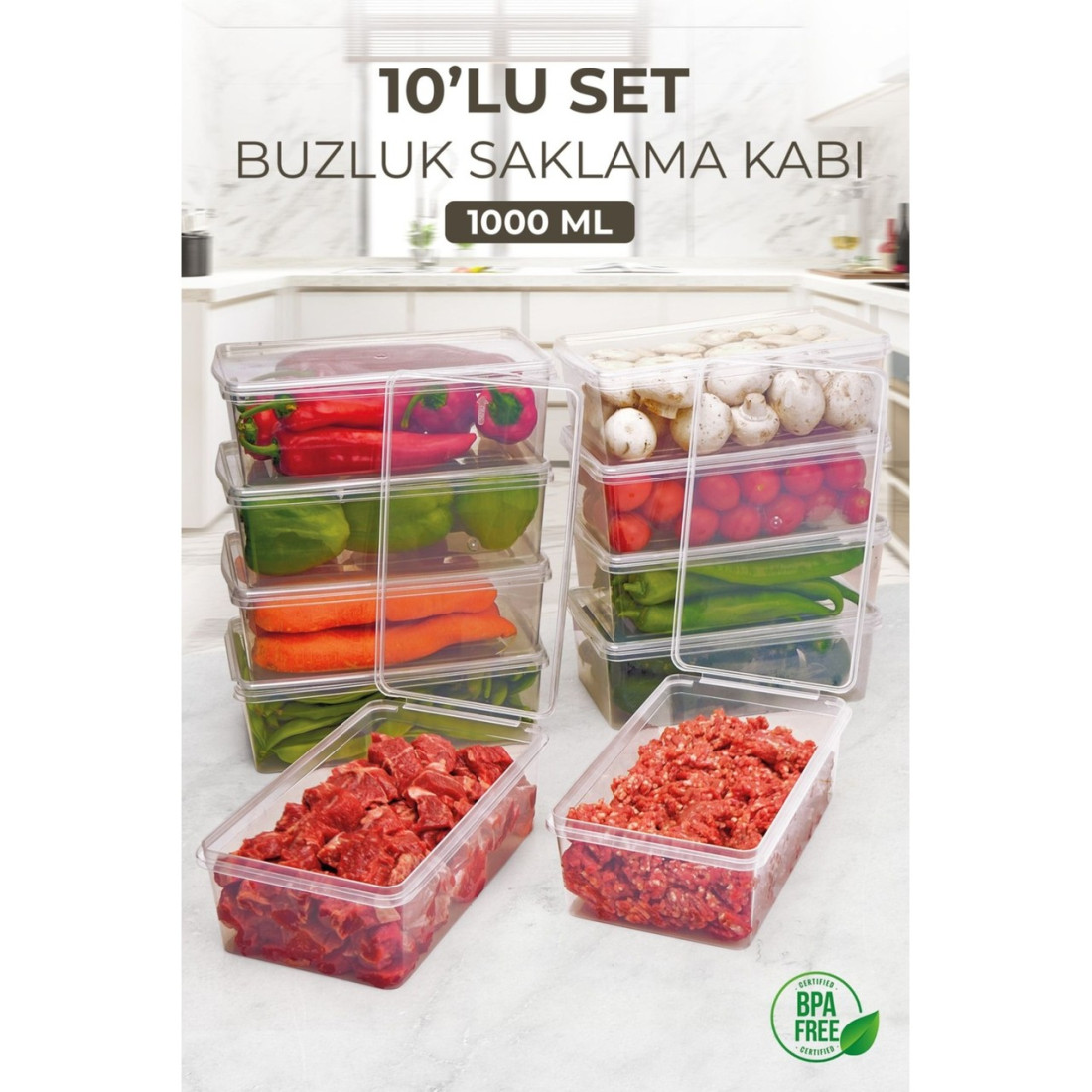 Kitchen Life 10 Adet 1000ML Kapaklı Derin Dondurucu Difriz Saklama Kabı - Buzdolabı Düzenleyici