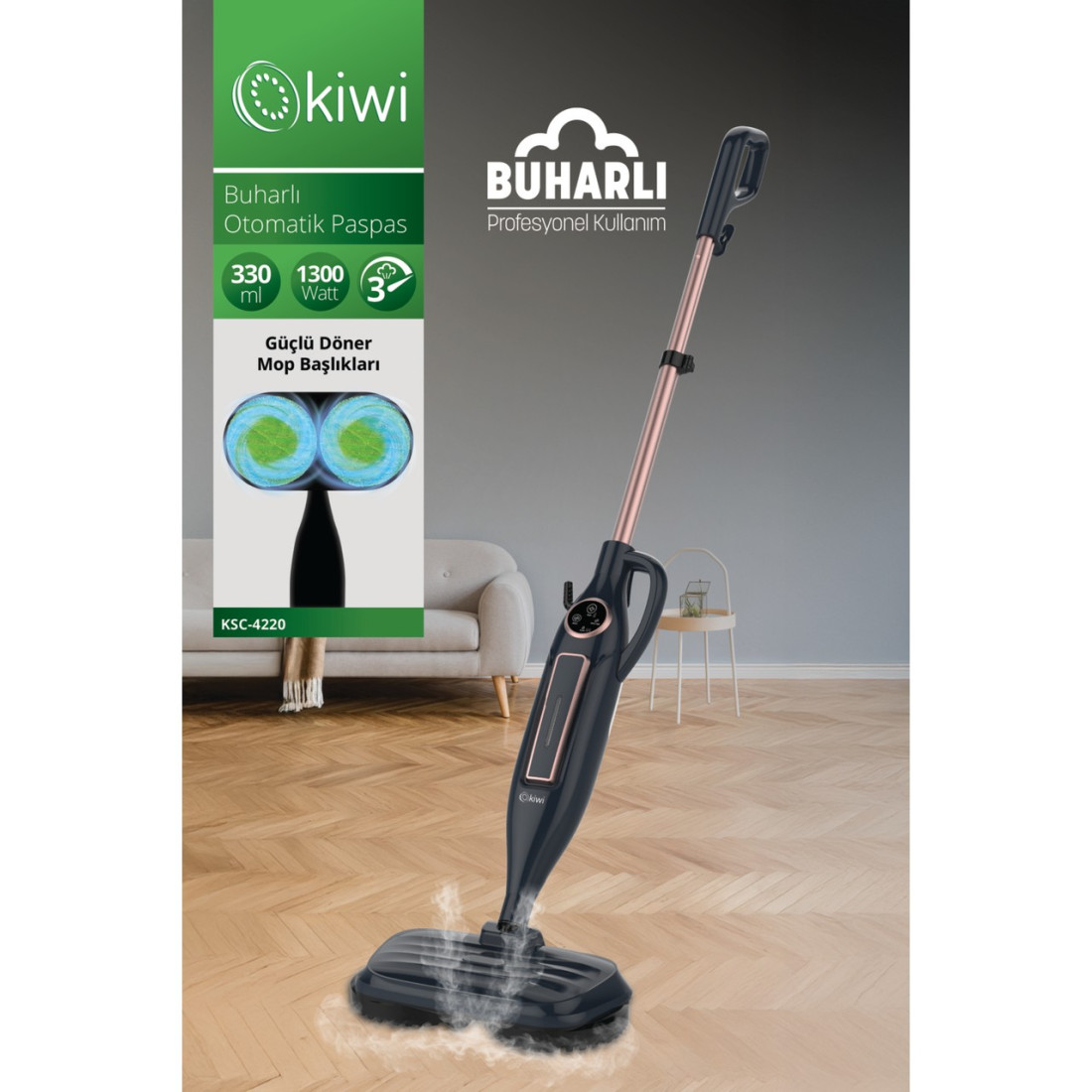 Kiwi KSC-4220 Çok Fonksiyonlu Ayarlanabilir Seviyeli 10 Aparatlı Dikey Buharlı Mop - Buharlı Temizleyici