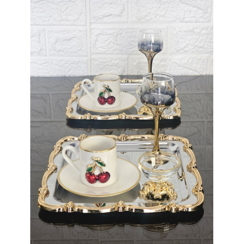 atabey home collection 2 ADET Sunum Tepsisi & Kahve & Çay Tepsisi- Gümüş Tepsi Döküm Gold Gül Çerçeveli