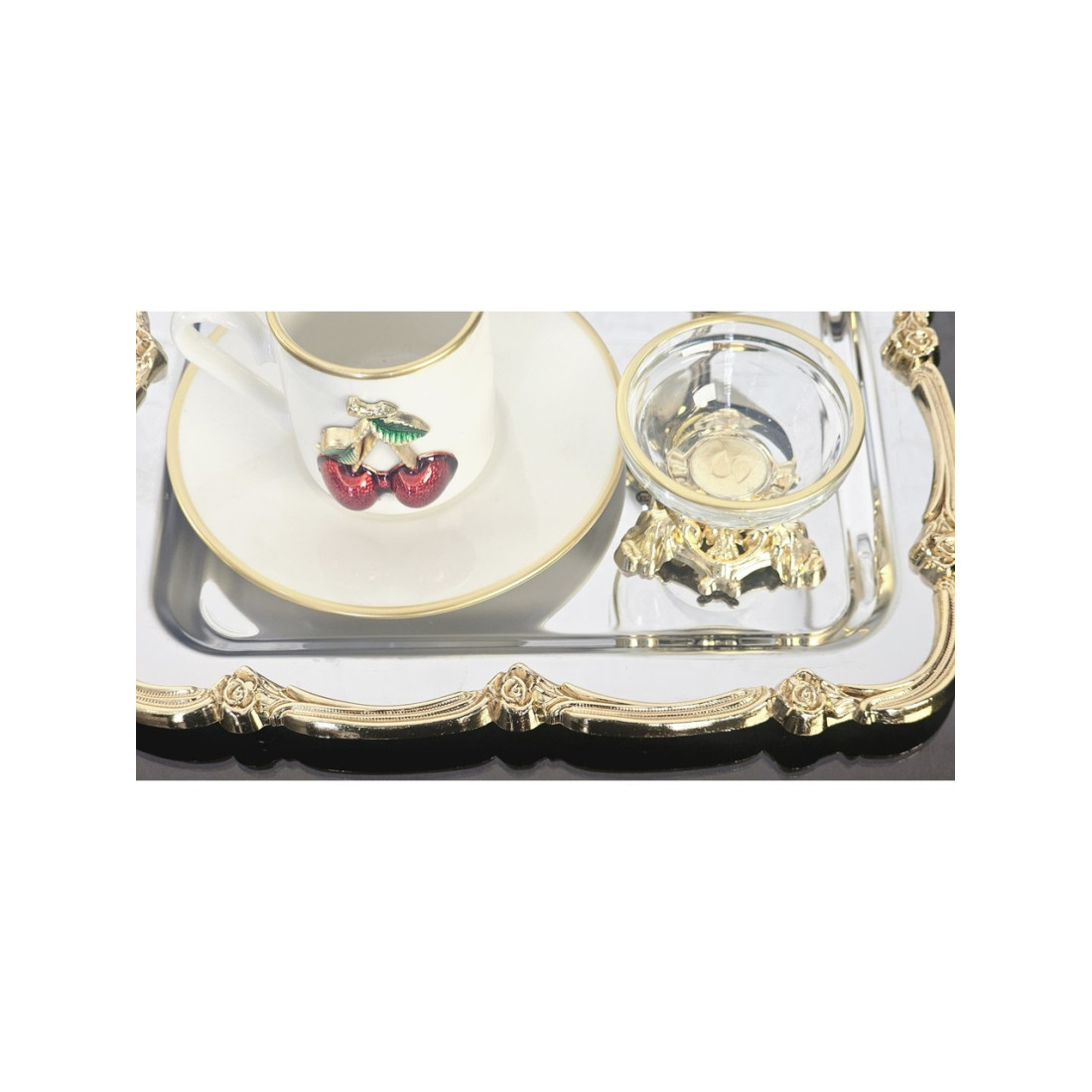 atabey home collection 2 ADET Sunum Tepsisi & Kahve & Çay Tepsisi- Gümüş Tepsi Döküm Gold Gül Çerçeveli