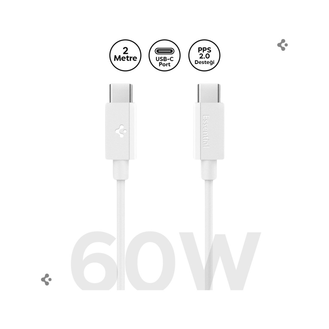 Spigen USB-C to USB-C 2 Metre Kablo 60W Güç / PPS 2.0 Desteği Super Hızlı Şarj / 480 Mbps Data Aktarım Hızı Type-C Ekstra Dayanıklı White - ACA08719