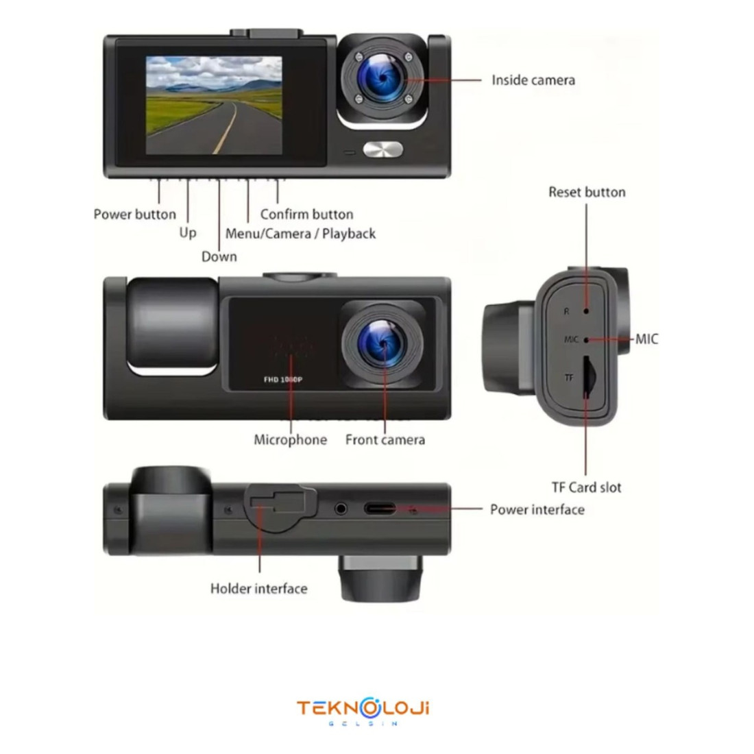 Teknoloji Gelsin 1080P Dash Cam Full Hd Araç içi Kamera Ön Arka ve İç Kayıt 3 Kamera Gece Görüşlü G Sensör Geniş Açı