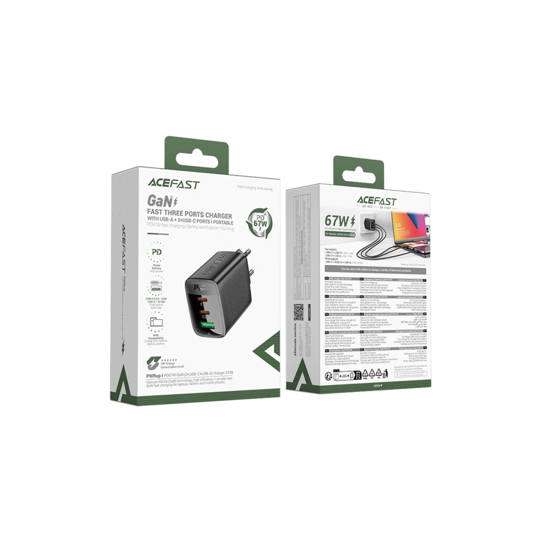 Acefast 67W PD 2X USB-C + USB-A 3 Port Hızlı Şarj Aleti Isı Düşüren GaN Destekli Akım Korumalı Güç Adaptörü iPhone & Android & iPad & MacBook Type-C - A108 (Acefast Türkiye Garantili)