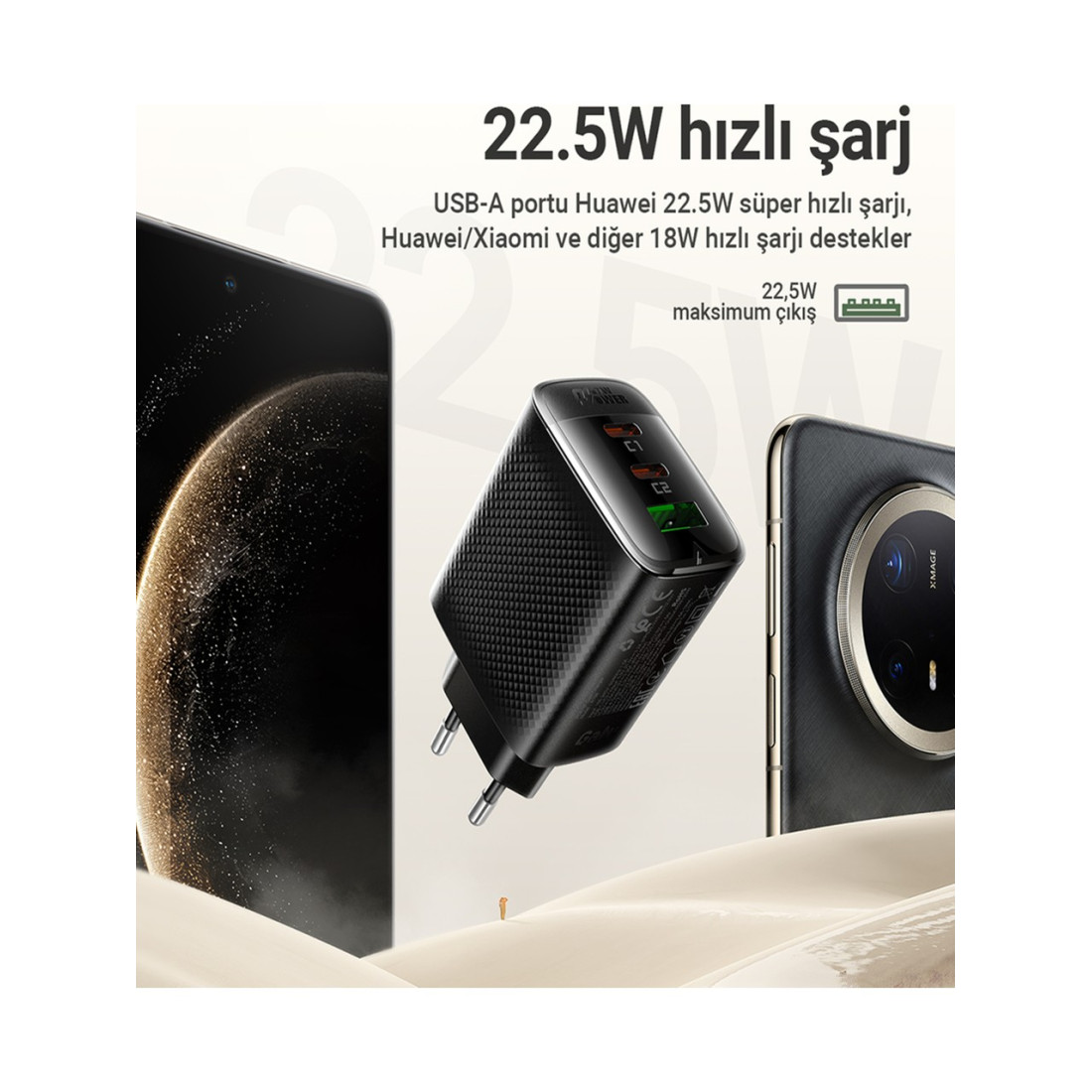 Acefast 67W PD 2X USB-C + USB-A 3 Port Hızlı Şarj Aleti Isı Düşüren GaN Destekli Akım Korumalı Güç Adaptörü iPhone & Android & iPad & MacBook Type-C - A108 (Acefast Türkiye Garantili)