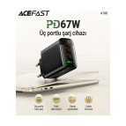 Acefast 67W PD 2X USB-C + USB-A 3 Port Hızlı Şarj Aleti Isı Düşüren GaN Destekli Akım Korumalı Güç Adaptörü iPhone & Android & iPad & MacBook Type-C - A108 (Acefast Türkiye Garantili)