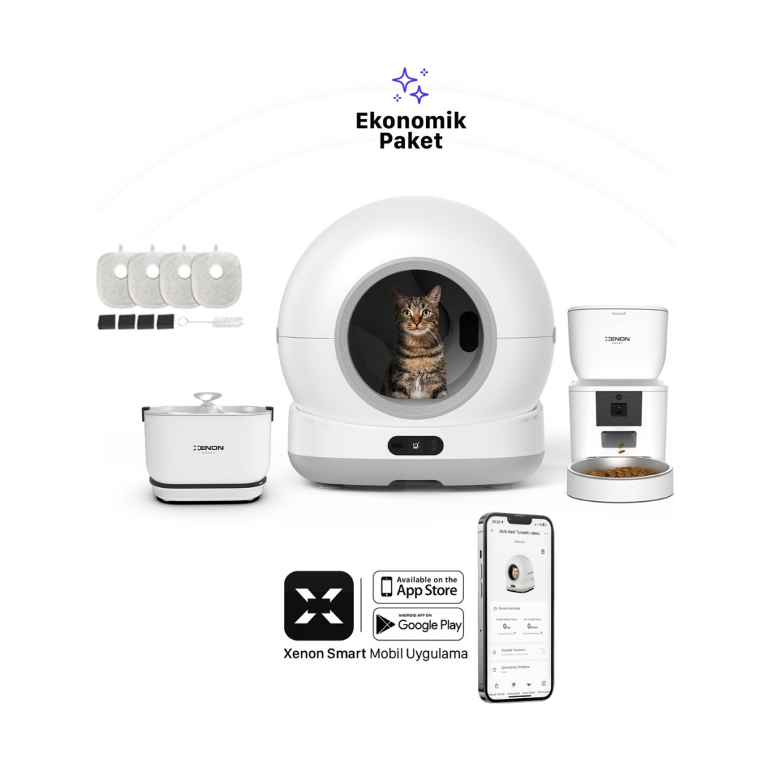 Xenon Smart Akıllı Otomatik Kedi Tuvaleti Paslanmaz Çelik Kaseli 4LT Hazneli Mama Kabı Bataryalı Su Pınarı ve Filtre 4'lü Pet Seti