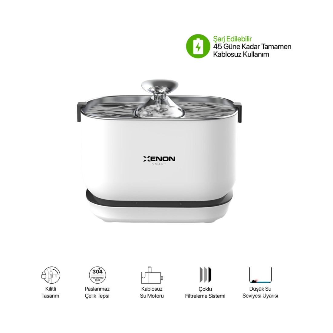 Xenon Smart Akıllı Otomatik Kedi Tuvaleti Paslanmaz Çelik Kaseli 4LT Hazneli Mama Kabı Bataryalı Su Pınarı ve Filtre 4'lü Pet Seti