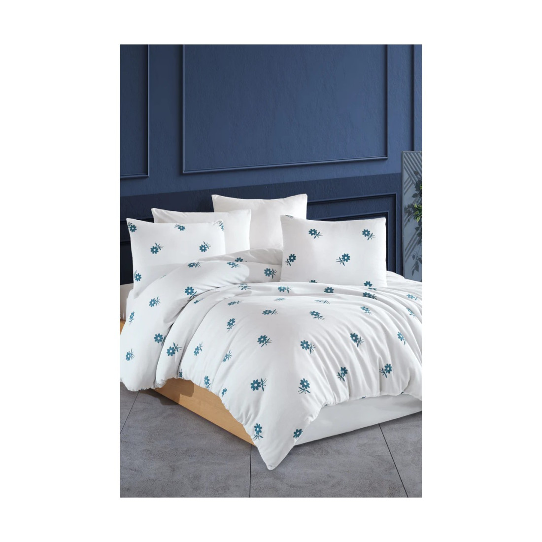 Conzaliza Lastikli Çarşaflı Nevresim Takımı | Çiçek Desen Beyaz - Çift Kişilik