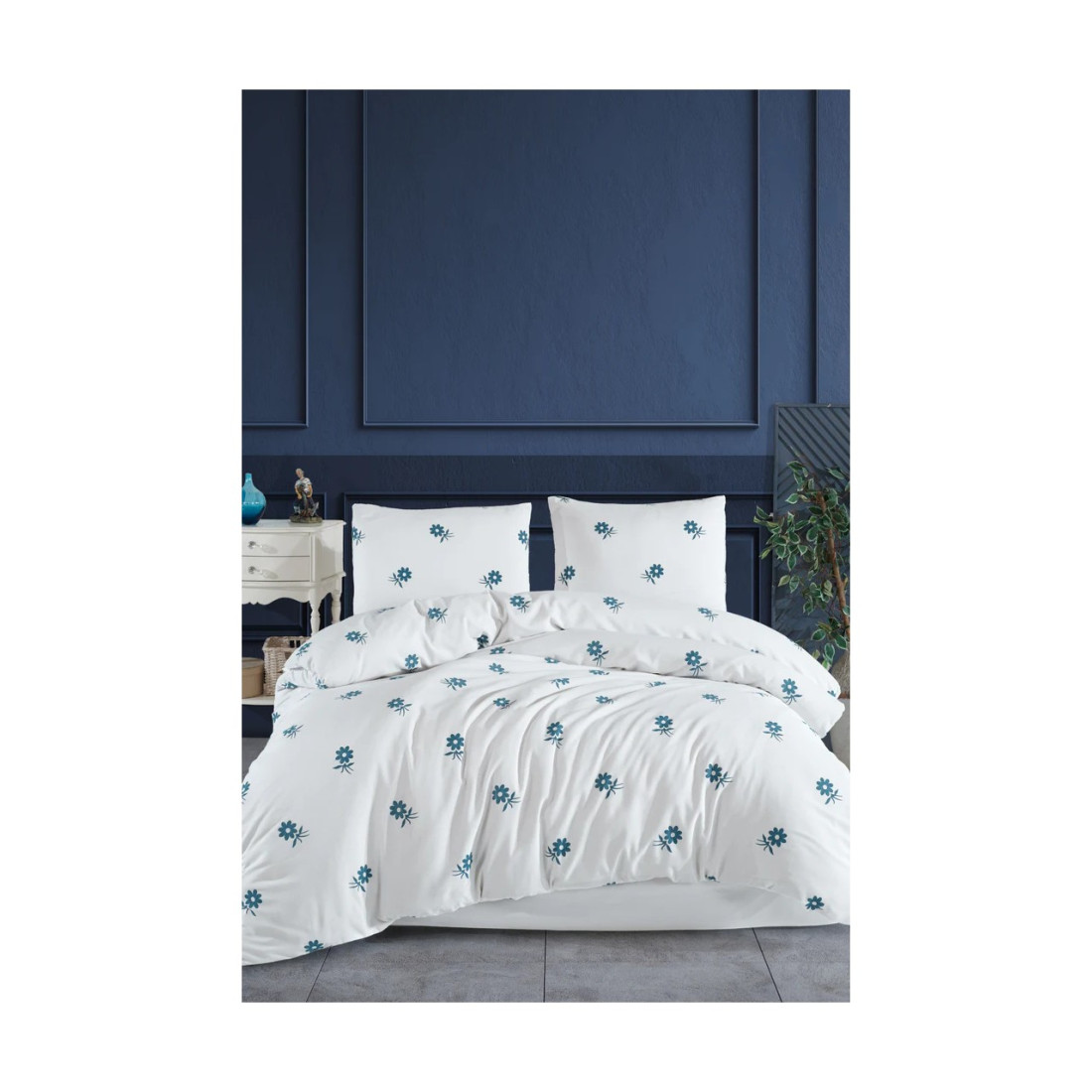 Conzaliza Lastikli Çarşaflı Nevresim Takımı | Çiçek Desen Beyaz - Çift Kişilik