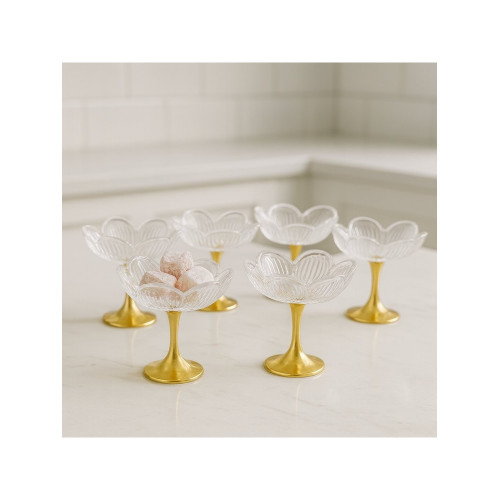 Gülümseten Avm Gold Ayaklı Cam Lotus Çiçeği Desenli Sunum Lokumluk | Kahve Yanı Atıştırmalık ve Şekerlik | 6 lı Set