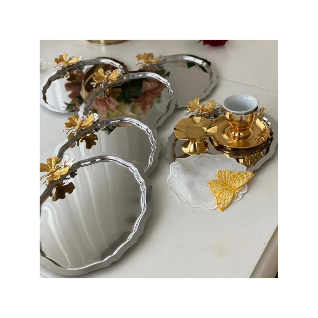 Mucit Home Paslanmaz Çelik Oval Model 20*25 cm Servis ve Sunum Tepsisi Kelebekli 6 Adet