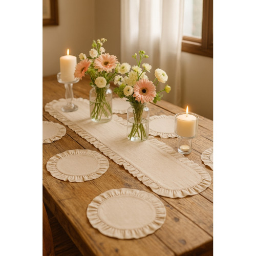 YUNUSOĞLU HOME Fırfırlı Runner ve Supla Takımı - Masa Örtüsü Takımı 7 Parça 145X40