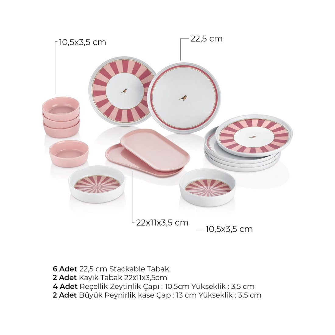 Kitchen Life Lovely Birds Kahvaltı Takımı 14 Parça 6 Kişilik Pembe Beyaz Seramik Set
