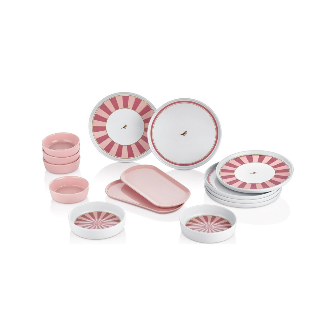 Kitchen Life Lovely Birds Kahvaltı Takımı 14 Parça 6 Kişilik Pembe Beyaz Seramik Set