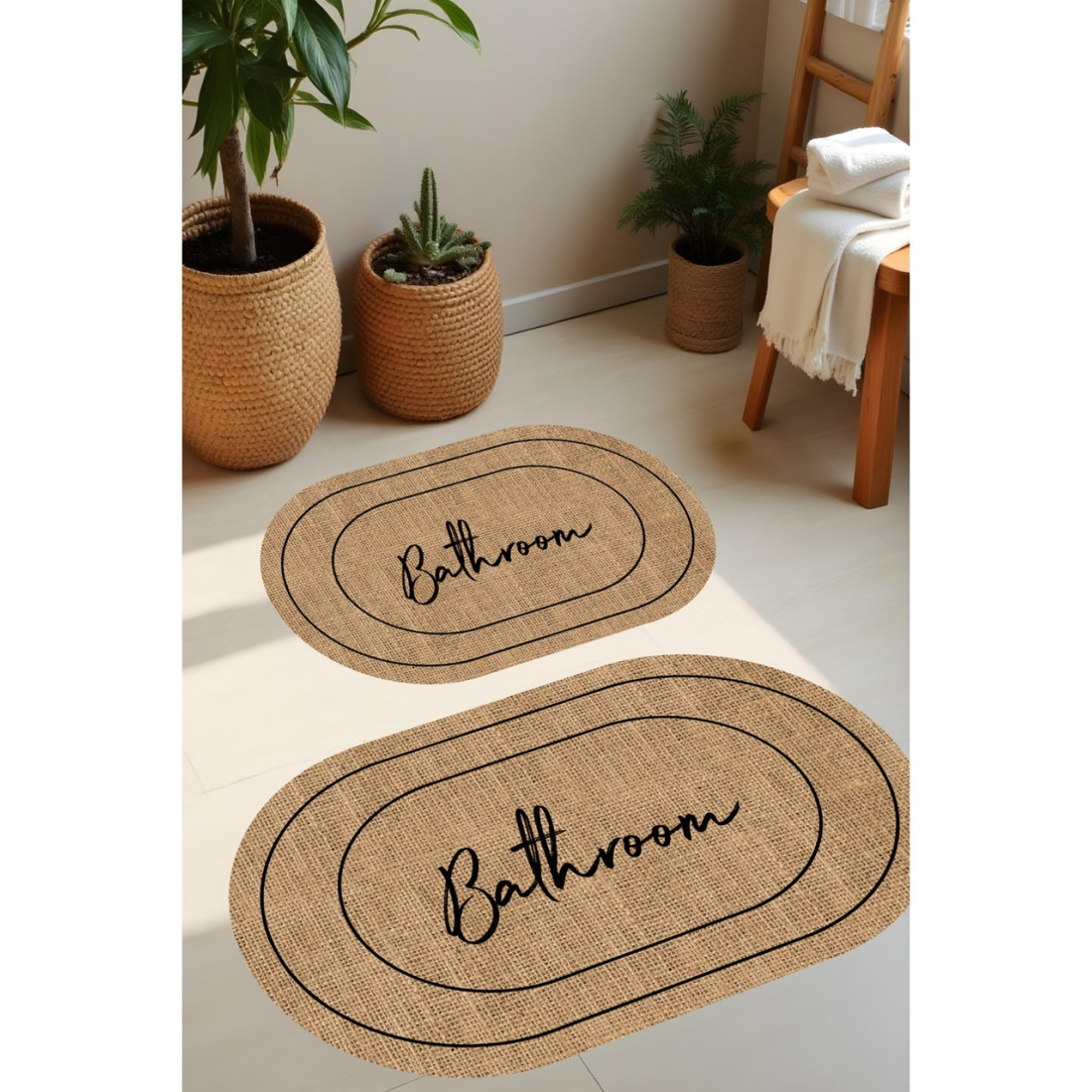 Dijital Baskı Hasır Desenli Modern Banyo Halısı İkili Banyo Paspası(40cmx60cm)ve(60cmx100cm)