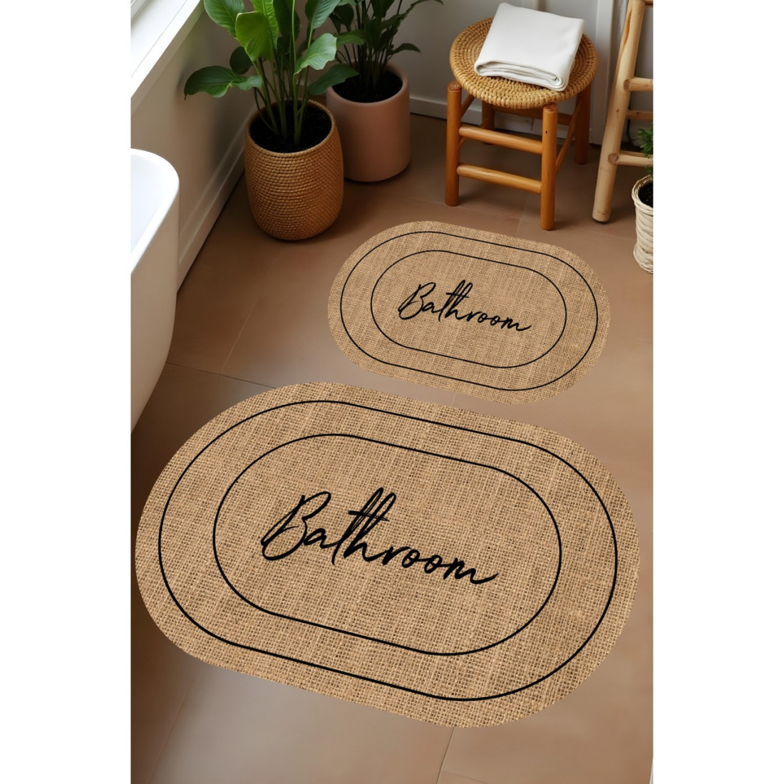 Dijital Baskı Hasır Desenli Modern Banyo Halısı İkili Banyo Paspası(40cmx60cm)ve(60cmx100cm)