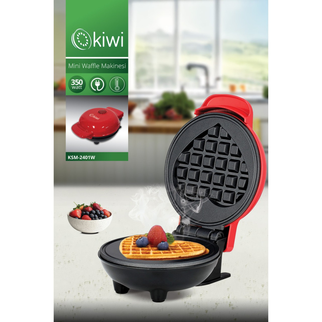 Kiwi KSM-2401W Mini Waffle Makinesi 350W Kalp Yüzey Şekilleri Yapışmaz Plaka Özelliği ile
