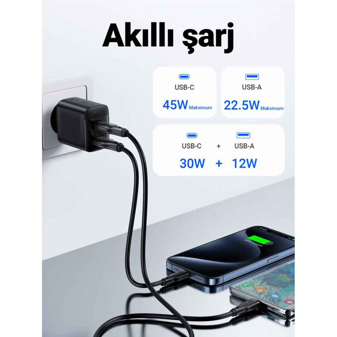 Acefast 45W PD USB-C + USB-A 2 Port Hızlı Şarj Aleti Isı Düşüren GaN Destekli Akım Korumalı Güç Adaptörü iPhone & Android & iPad & MacBook Type-C - A106 (Acefast Türkiye Garantili)