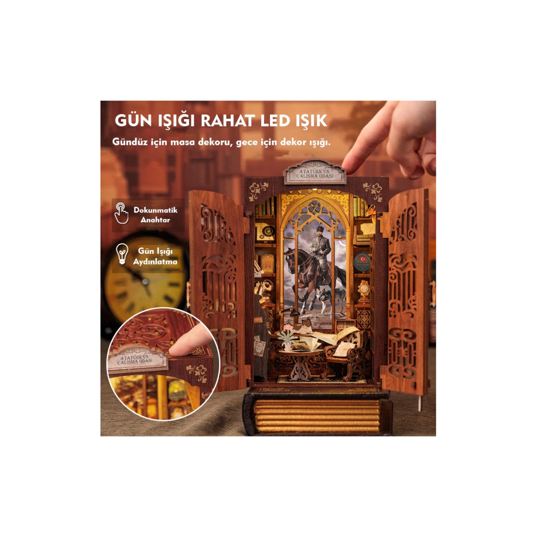 Emirgan Öğretmenler Günü Hediyesi – Atatürk Çalışma Odası Mini Kitap Evi – LED Işıklı Ahşap Book Nook Seti