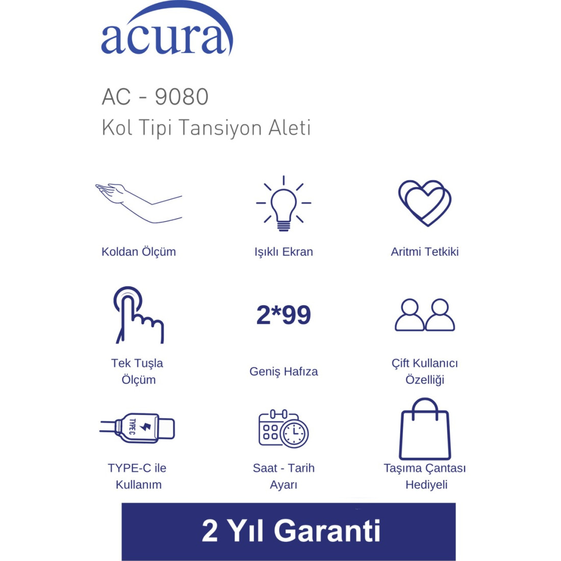 Acura Ac-9080 Işıklı Ekranlı 198 Hafızalı Koldan Tansiyon Aleti