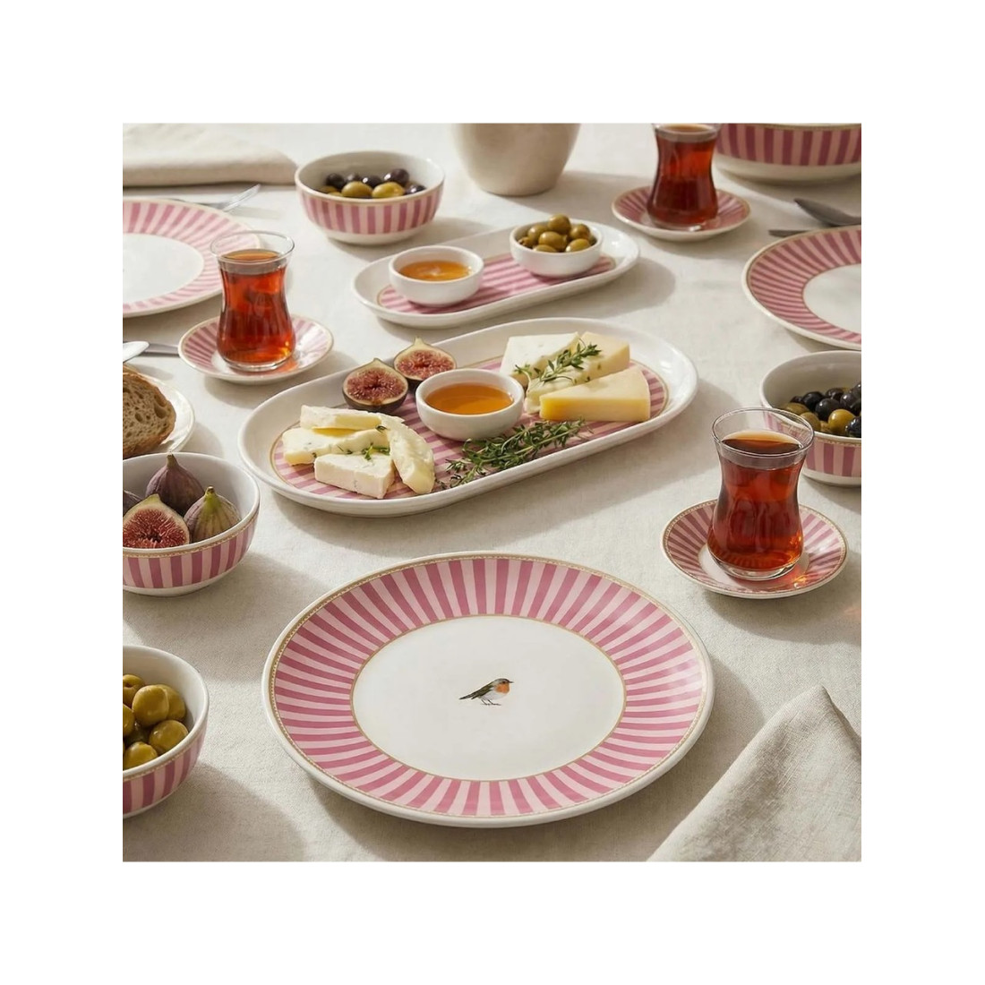 Acar Birdie 6 Kişilik 21 Parça Desenli Pembe Seramik Kahvaltı Takımı