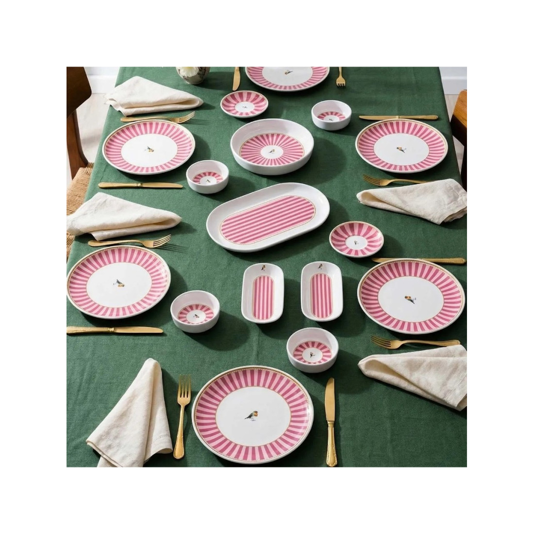 Acar Birdie 6 Kişilik 21 Parça Desenli Pembe Seramik Kahvaltı Takımı