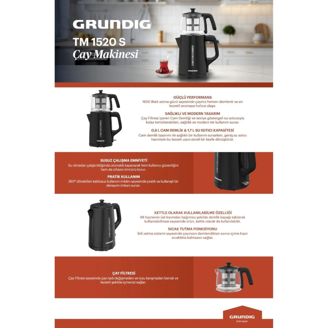 Grundig Tm 1520 S Siyah Çay Makinesi 0.8 lt Cam Demlik Kapasitesi ve Plastik Gövde ile