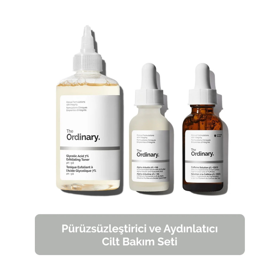 The Ordinary Pürüzsüzleştirici ve Aydınlatıcı Cilt Bakım Seti 3 Adet - Tüm Cilt Tipleri İçin Tonik 100 ml, Göz 30 ml ve Leke Serumları 30 ml