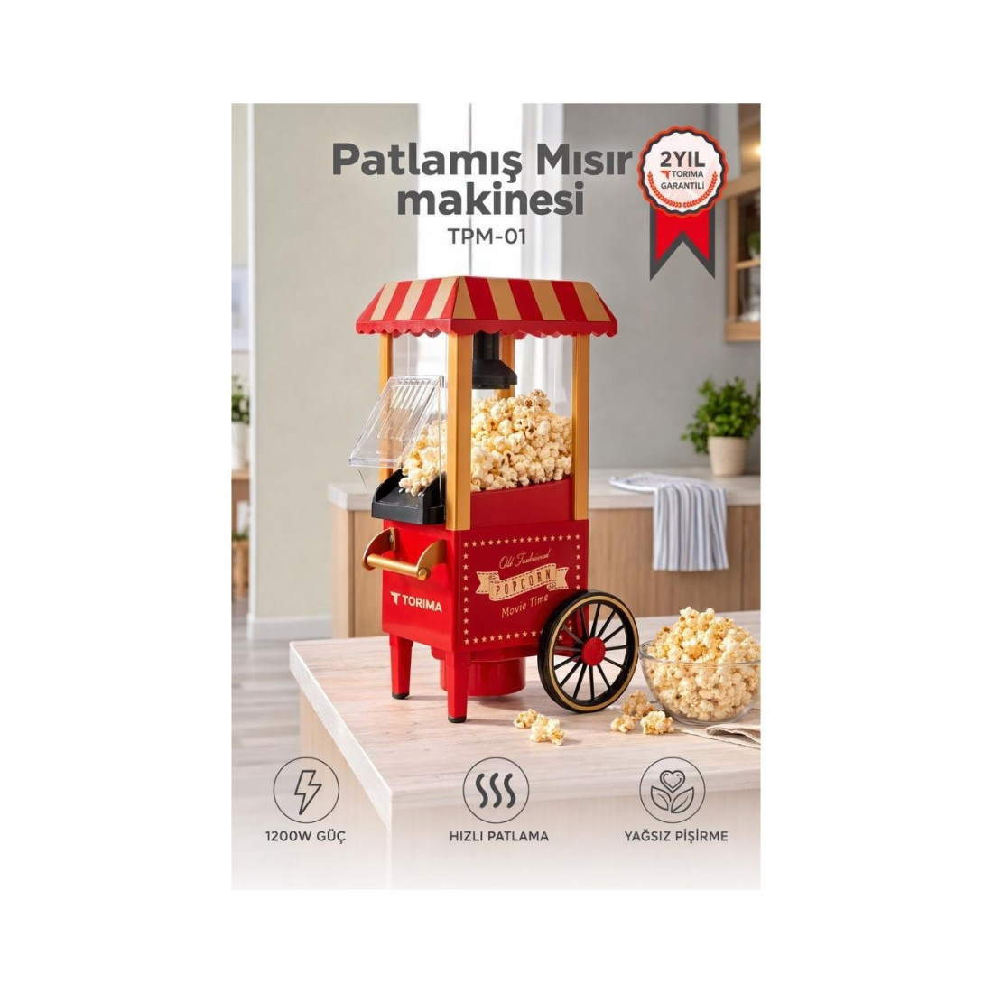 Torima Mısır Patlatma Makinesi Yağsız Ev Tipi Popcorn Makinesi TPM01 Kırmızı