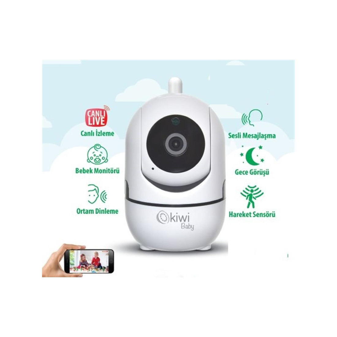 Kiwi Kbaby 99 IP Bebek Kamerası - Kablosuz, Hareket Sensörü, Gece Görüşü, HD Görüntü Kalitesi, iOS ve Android Uyumlu