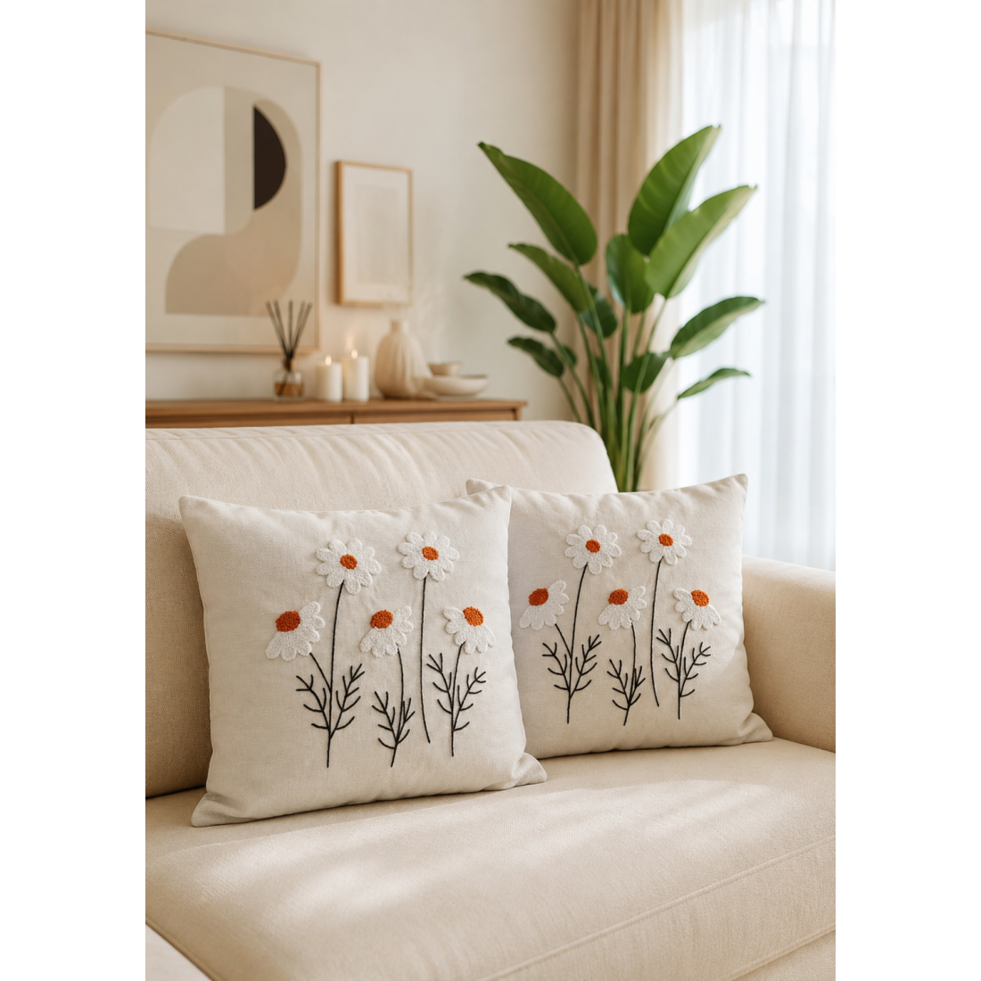 Enavm Punch Bohem Beyaz Papatyalar Yastık / Kırlent Kılıfı 43*43 cm - 2 adet