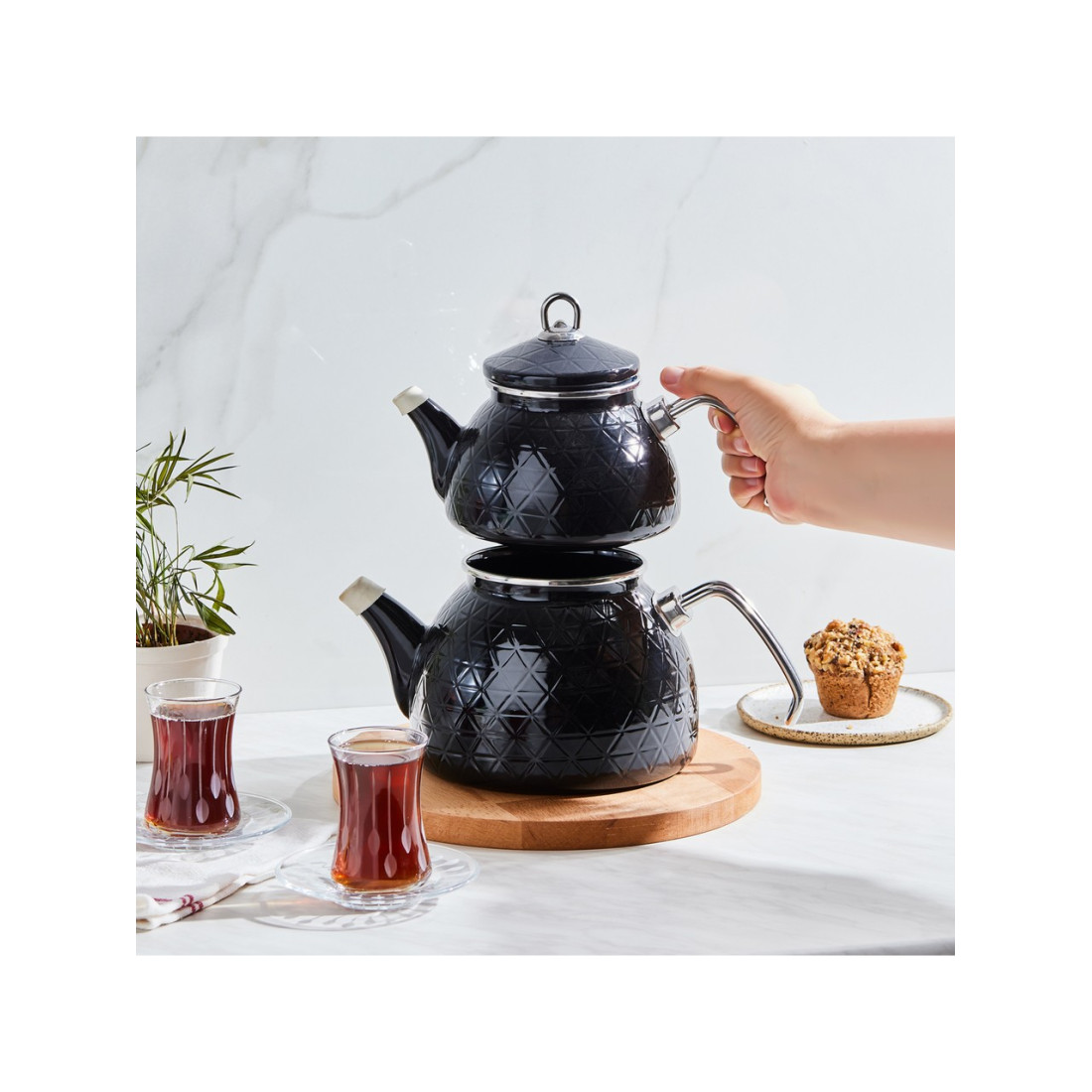 Karaca Kristal Siyah Emaye Midi Çaydanlık Takımı